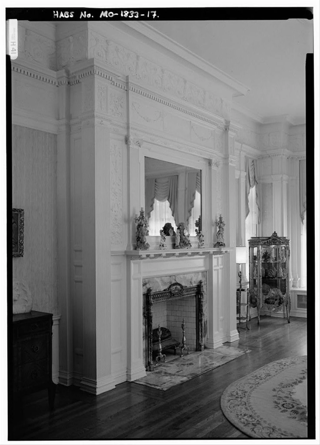 Carved fireplace in the west center room of Samuel Cupples House, St. Louis, photographed by Jack E. Boucher in 1986